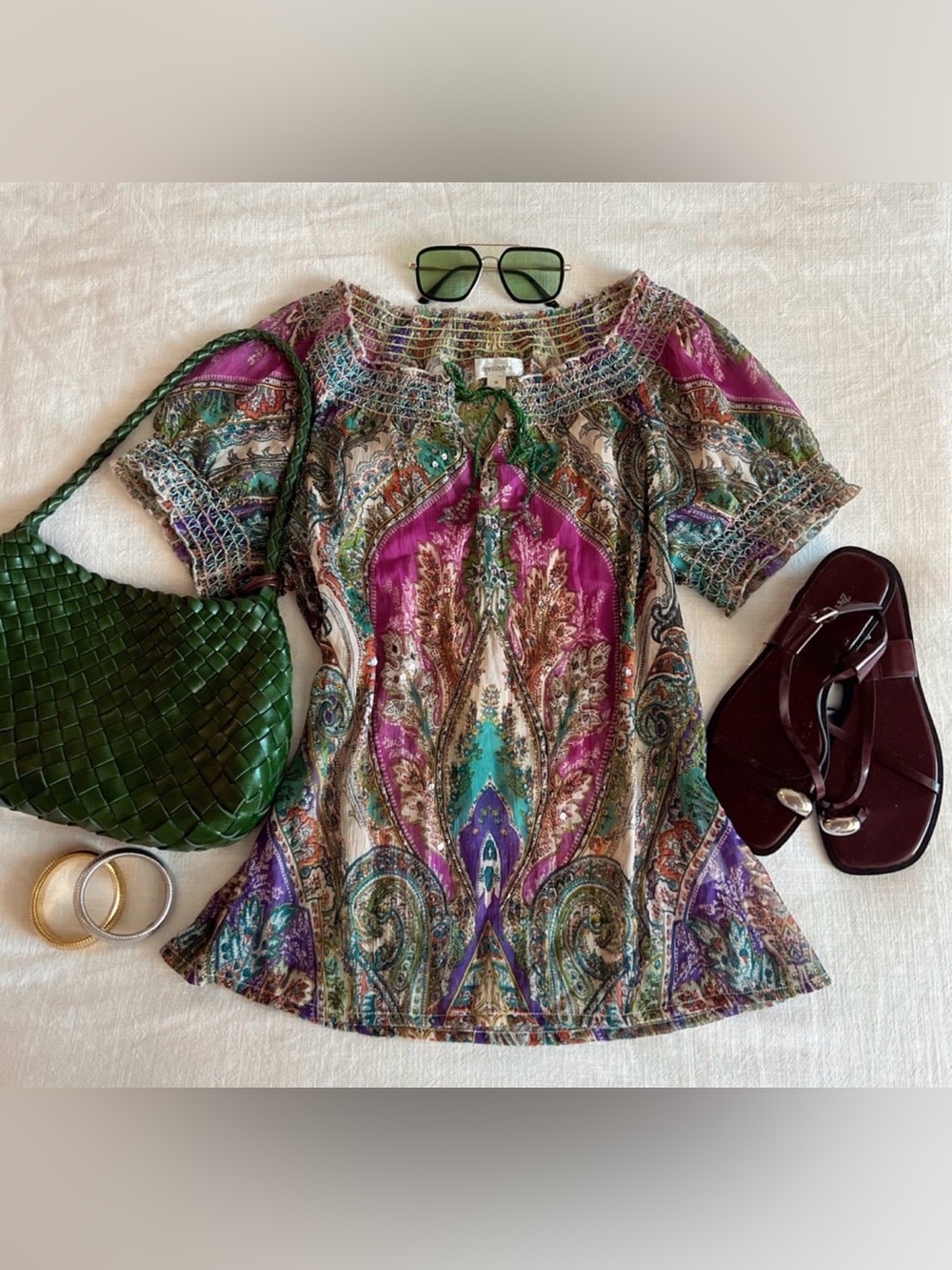 Vintage Dres Barn beaded boho chic garden fairy hippie short sleeve blouse shirt